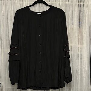 Chico's Black Button-Down Blouse.bead and ruffle trim on sleeves.  size 3(16)